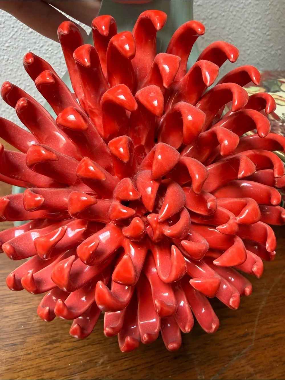 Anthropologie Celadon Blue 3D Red Chrysanthemum Ceramic Vase Rare